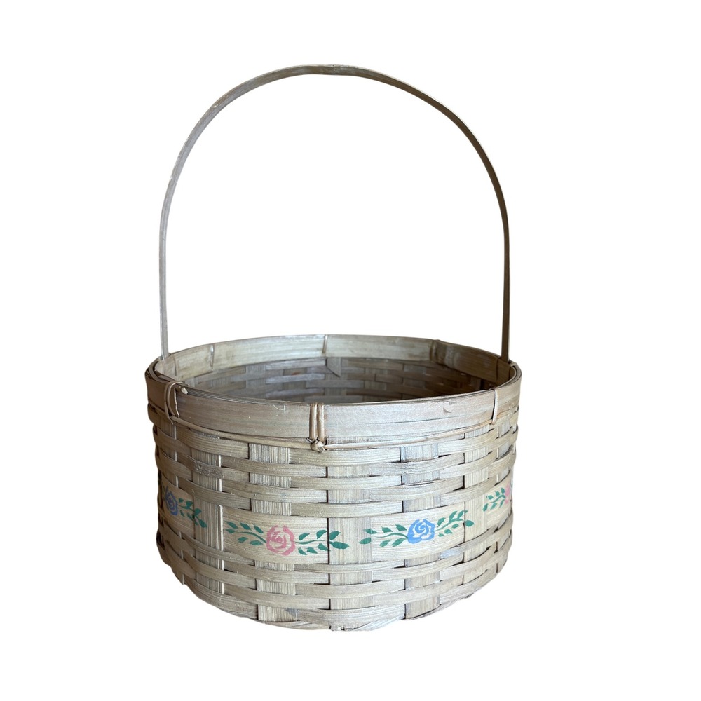 Vintage Hand Painted Floral Bamboo Woven Basket Round Rose Motif Decorative